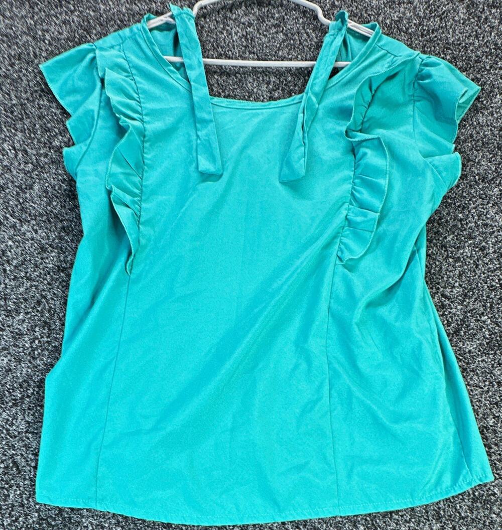 Wet Look Women's Turquoise Solid Square Neck Ruffle Tie Blouse Flutter L